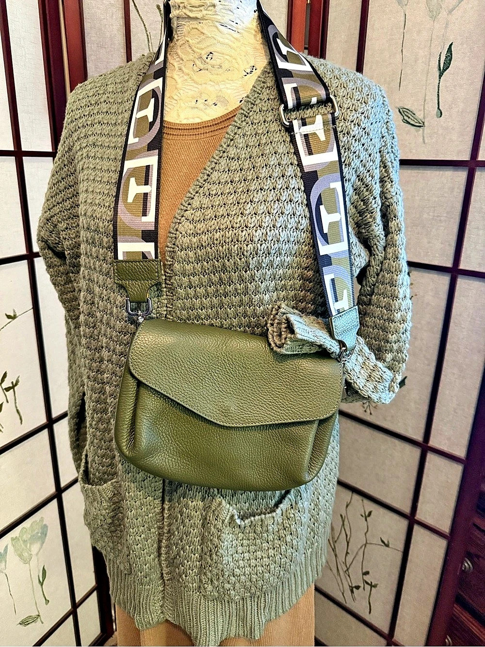 Green Geometric leather Crossbody Bag. Made Italy